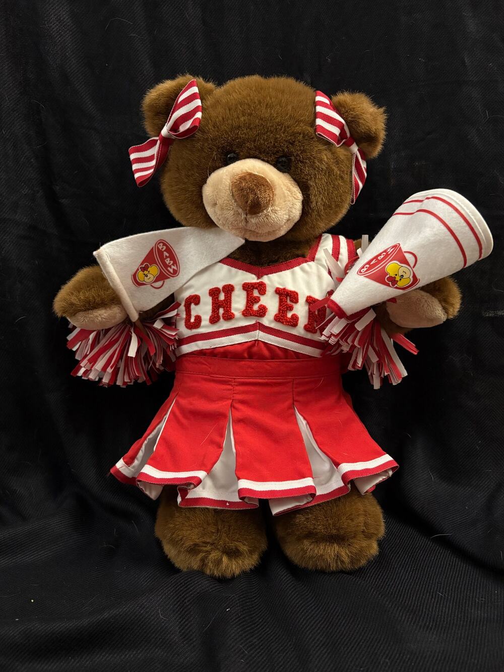 Build a Bear Teddy Bear In Full Cheerleader Uniform Red White With Pom Poms